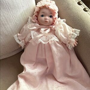 Heirloom-Style Porcelain Baby Doll in Soft Pink Gown with Bonnet